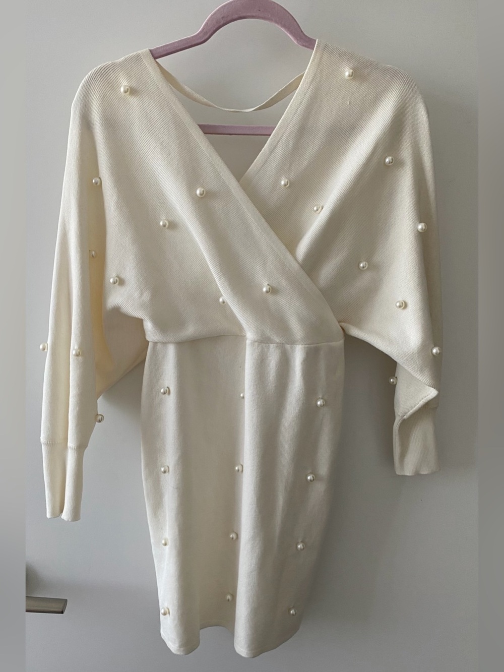 Pearl-Detail Cream Wrap-Style Long Sleeve Dress